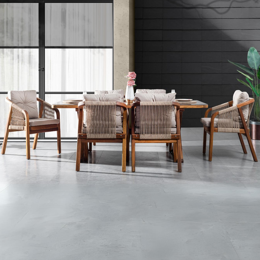 SET ULSE KOPSHTI PER NGRENJE EVORA WOOD KREM 6 KARRIGA + TAVOLINA 200X100X75 CM