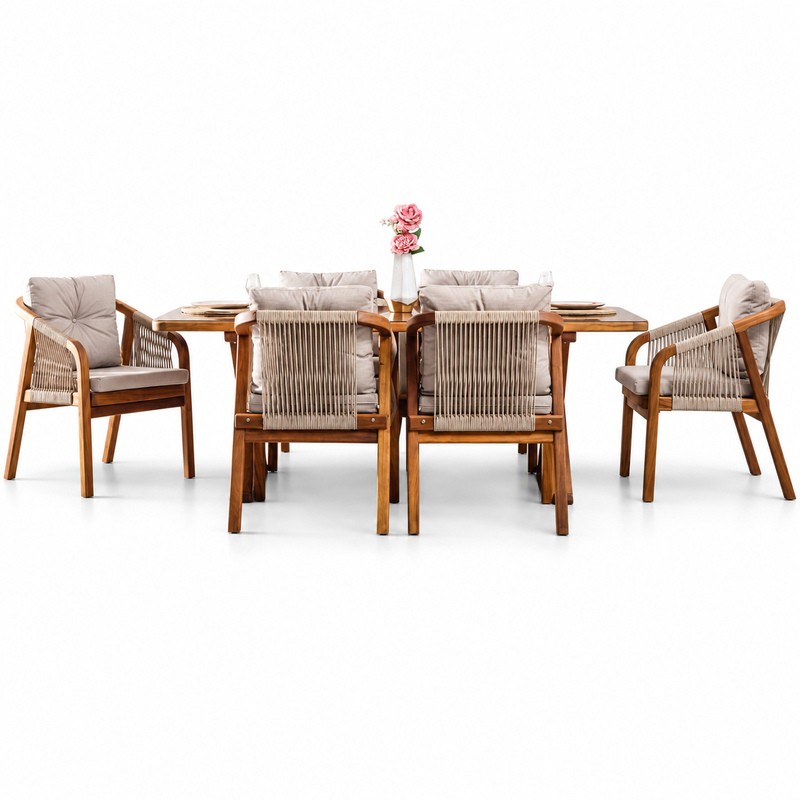 SET ULSE KOPSHTI PER NGRENJE EVORA WOOD KREM 6 KARRIGA + TAVOLINA 200X100X75 CM