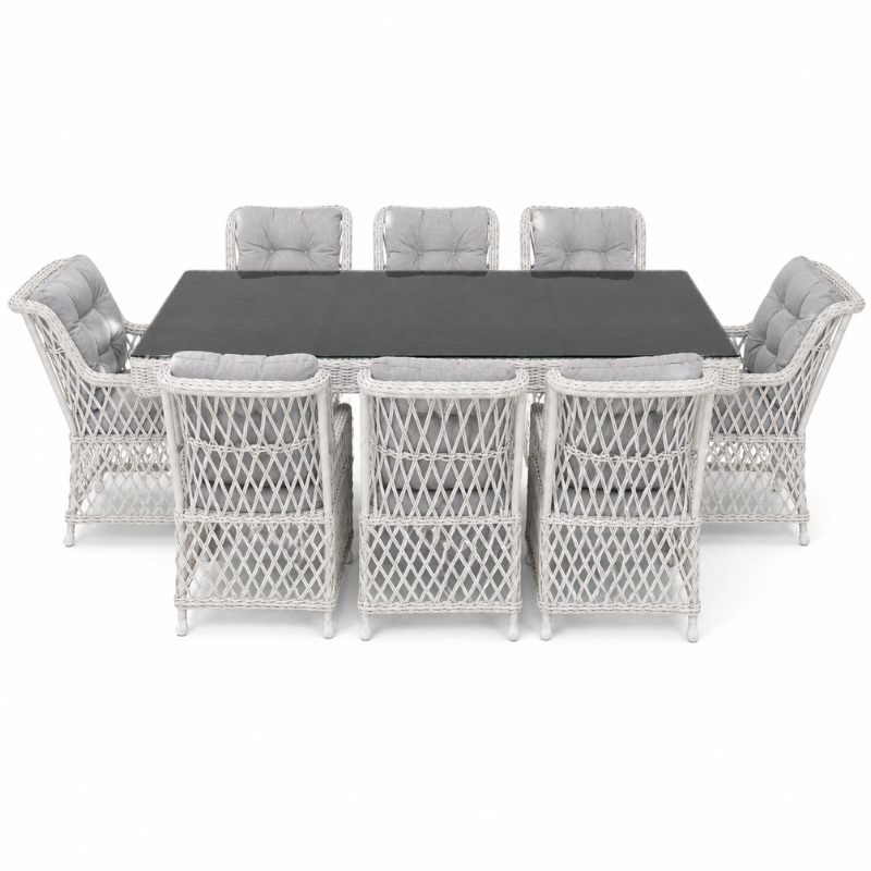 SET KOPSHTI ROZA RIO TAVOLINE 240X120CM  + 8 KARRIGE WHITE